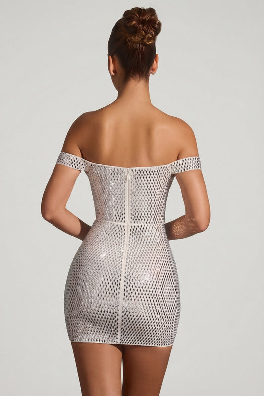 Embellished Off-Shoulder Mini Dress in White
