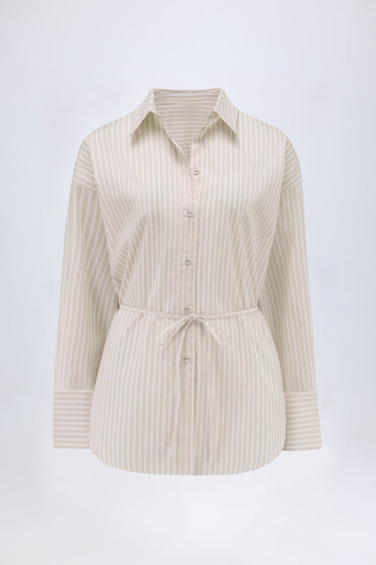 Oversized Cotton-Poplin Shirt in Taupe Stripe